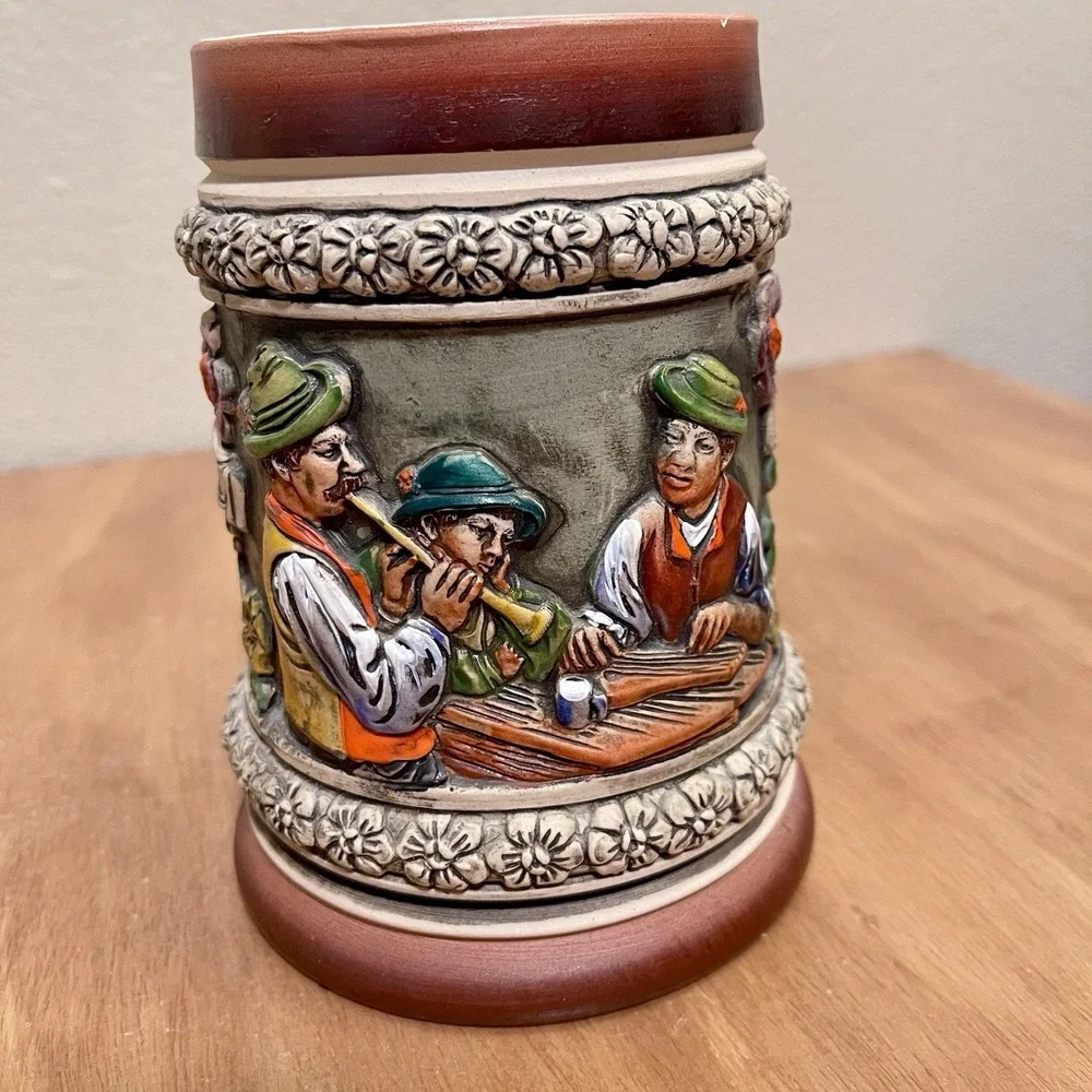 Vintage‎ Thewalt ? German Beer Stein 3D Floral Musician Scene Colorful